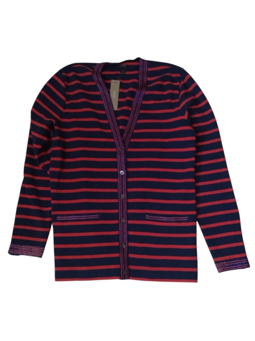 J. Crew Size Small Navy Red Striped Metallic Trim Button Front Cardigan Sweater